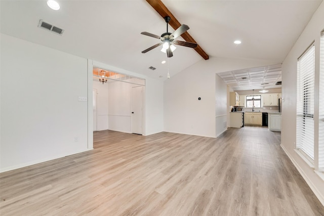 unfurnished living room featuring a ceiling fan, visible vents, light wood finished floors, vaulted ceiling with beams, and recessed lighting