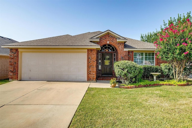 view of front of house with a garage, concrete driveway, brick siding, and a front lawn