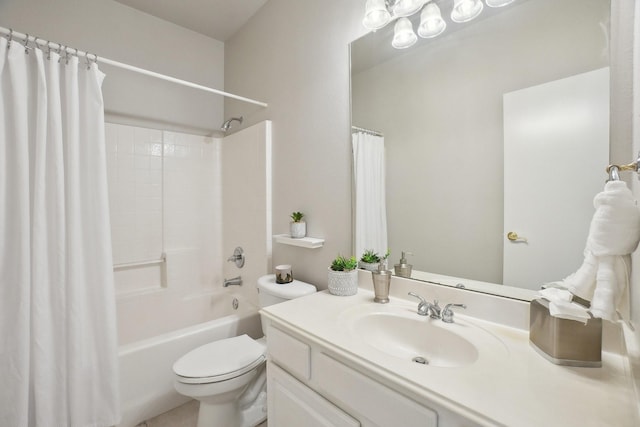 full bath featuring toilet, shower / tub combo with curtain, and vanity