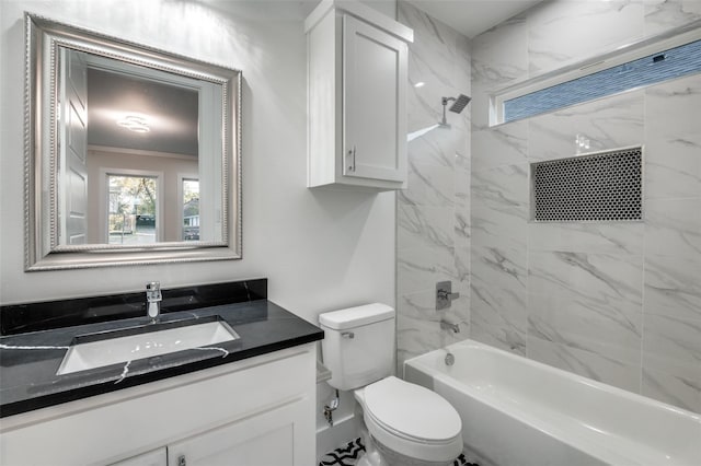 bathroom with washtub / shower combination, vanity, toilet, and crown molding