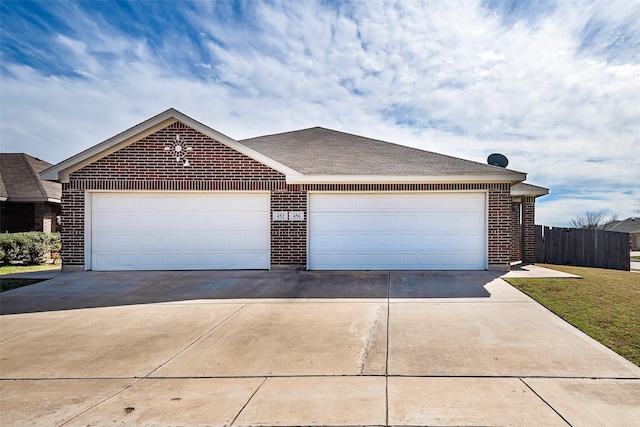 ranch-style home featuring driveway, a garage, fence, and brick siding