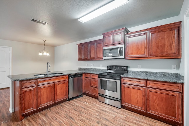 kitchen featuring stainless steel appliances, visible vents, light wood-style flooring, a sink, and a peninsula