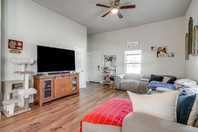 living area with ceiling fan and light wood finished floors