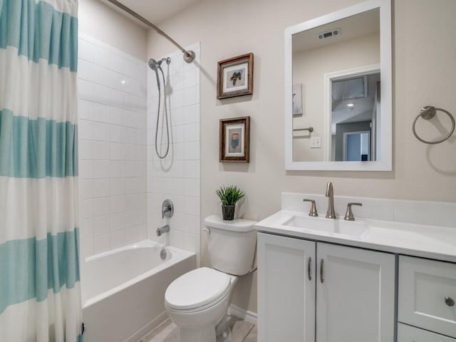 full bath with toilet, visible vents, shower / bath combination with curtain, and vanity