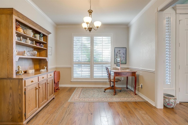 office area featuring ornamental molding, a chandelier, baseboards, and light wood finished floors