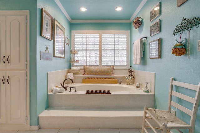 bathroom featuring ornamental molding, a bath, and recessed lighting