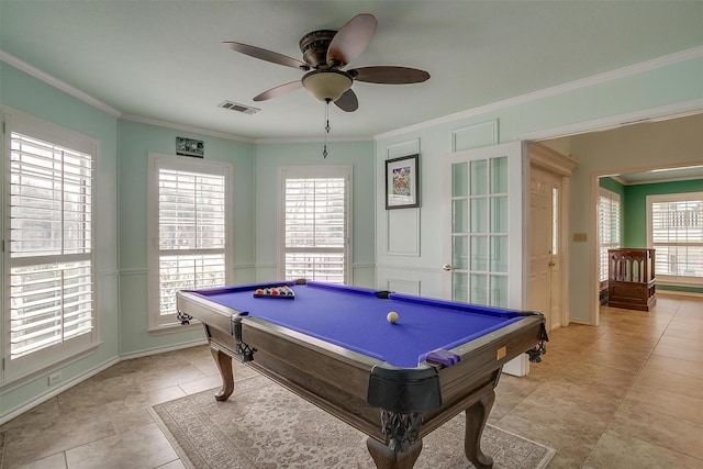 recreation room with baseboards, billiards, visible vents, and crown molding