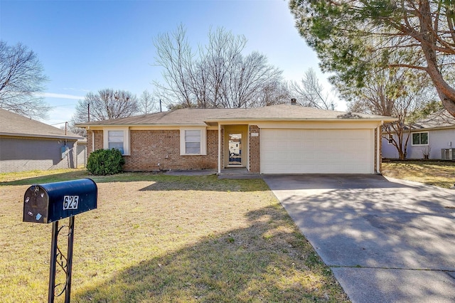 ranch-style house with brick siding, concrete driveway, an attached garage, a front yard, and cooling unit