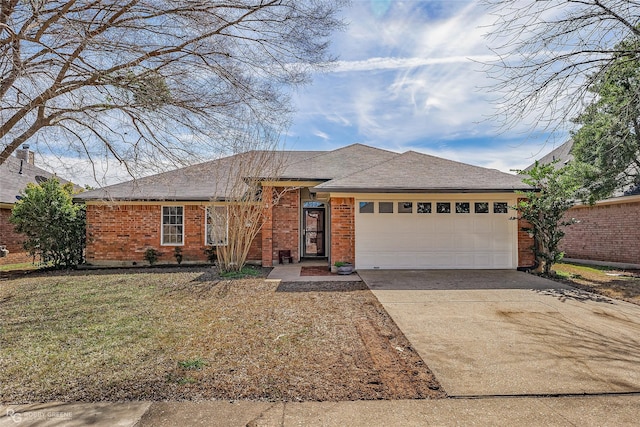 ranch-style home with a shingled roof, brick siding, driveway, and an attached garage