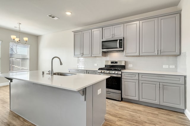 kitchen with light wood finished floors, visible vents, stainless steel appliances, gray cabinetry, and a sink