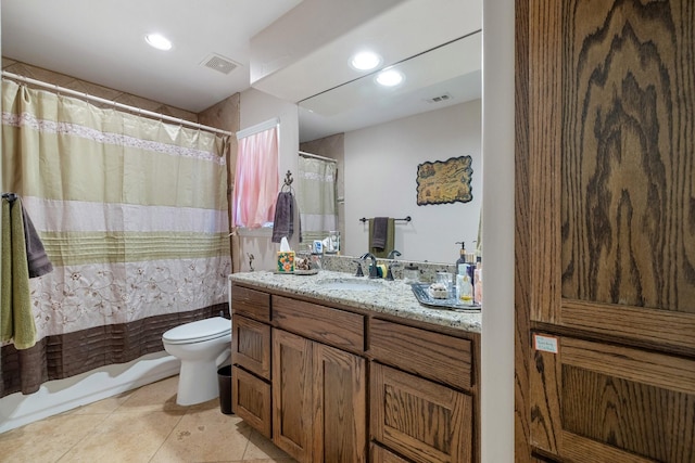 bathroom featuring visible vents, toilet, tile patterned floors, vanity, and recessed lighting