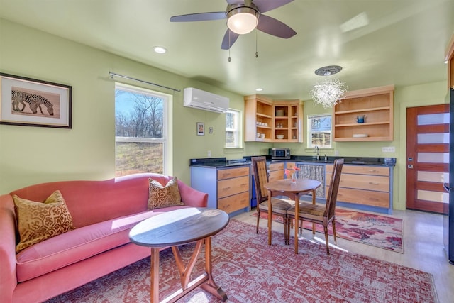 interior space featuring a wall unit AC, dark countertops, open shelves, a sink, and stainless steel microwave