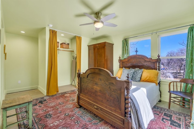 bedroom featuring recessed lighting, a closet, baseboards, and a ceiling fan