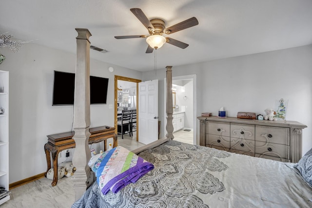 bedroom featuring decorative columns, visible vents, baseboards, a ceiling fan, and connected bathroom