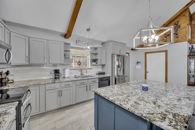 kitchen with appliances with stainless steel finishes, a sink, light stone countertops, open shelves, and backsplash