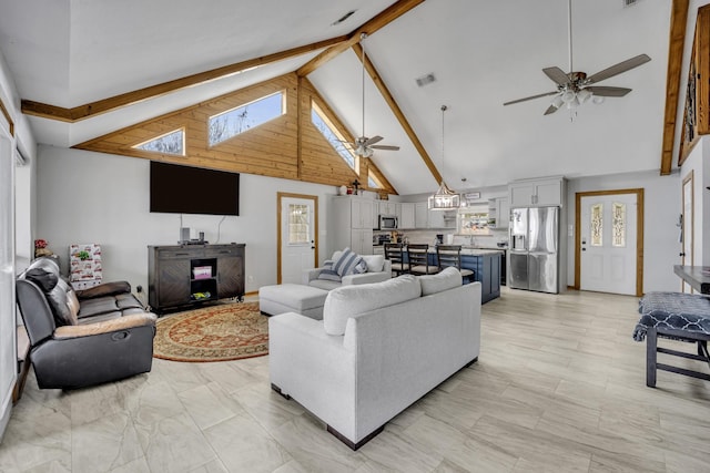 living room with high vaulted ceiling, visible vents, ceiling fan, and beamed ceiling