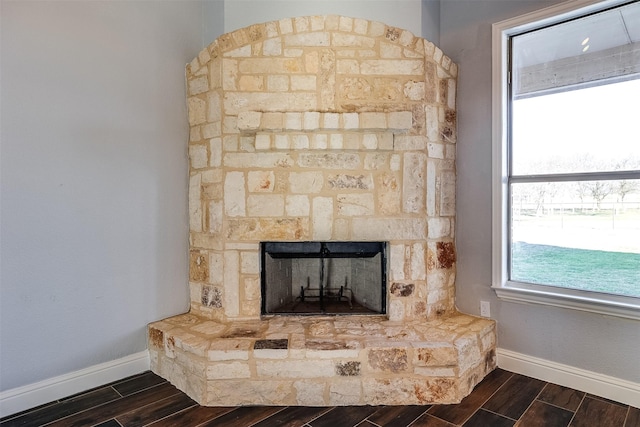 details featuring wood tiled floor, baseboards, and a stone fireplace