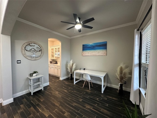 office space with baseboards and dark wood-type flooring