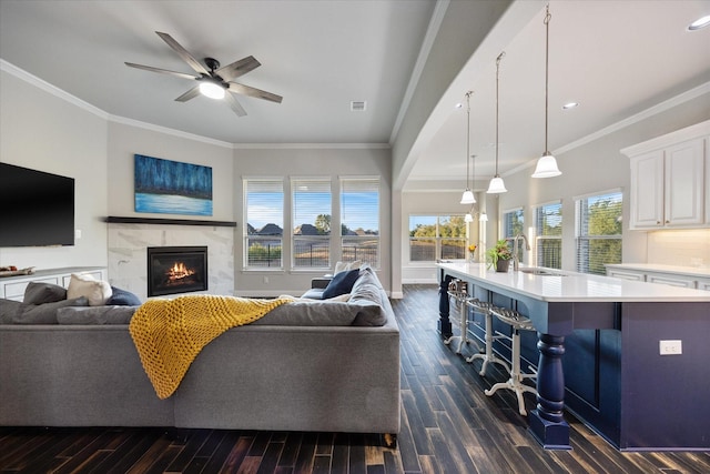 living room with dark wood-style floors, a fireplace, and crown molding