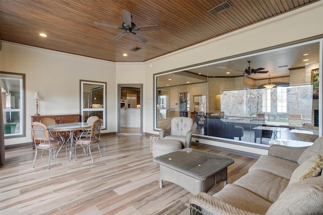 living area with wooden ceiling, wood finished floors, and recessed lighting