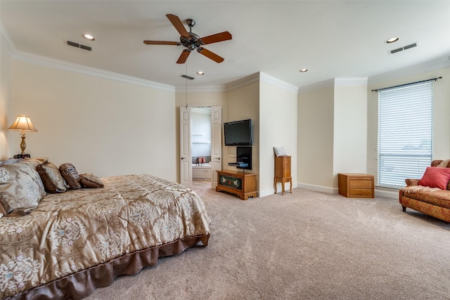 bedroom featuring light carpet, ornamental molding, visible vents, and baseboards