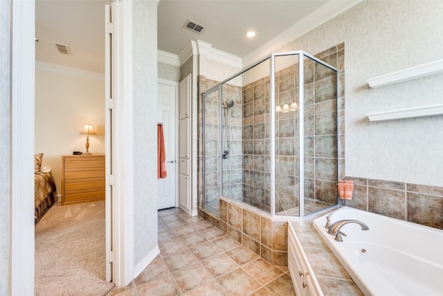 full bathroom featuring ornamental molding, a jetted tub, a shower stall, and visible vents