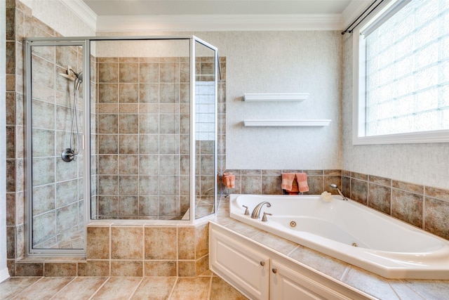 bathroom featuring a jetted tub, a shower stall, and ornamental molding