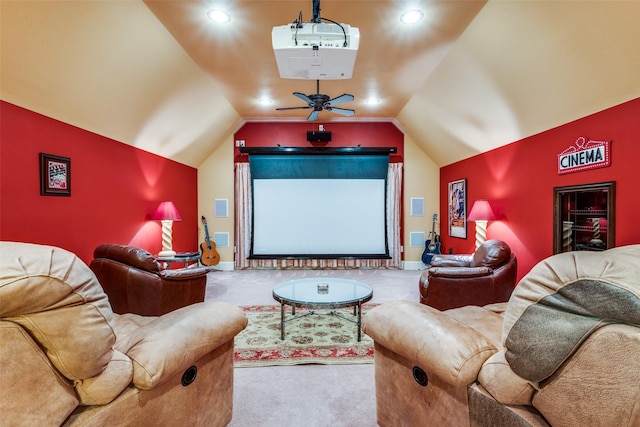 cinema room with lofted ceiling, carpet, baseboards, and recessed lighting