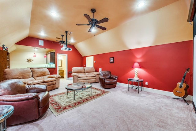 carpeted home theater featuring vaulted ceiling, ceiling fan, recessed lighting, and baseboards