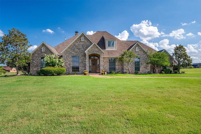 view of front of home featuring brick siding and a front lawn