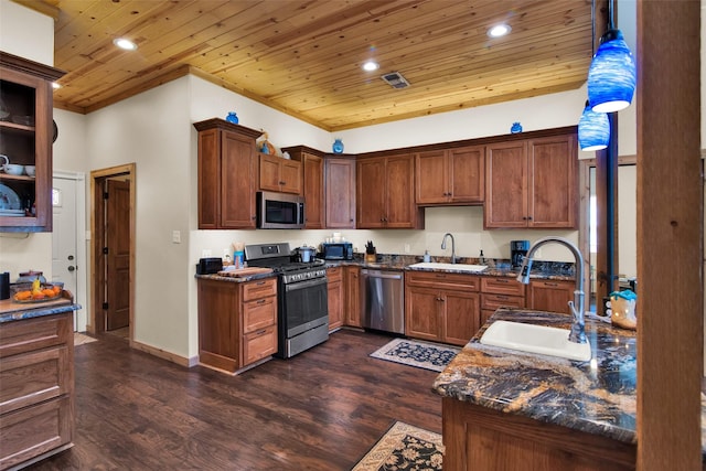 kitchen featuring wooden ceiling, visible vents, appliances with stainless steel finishes, and a sink