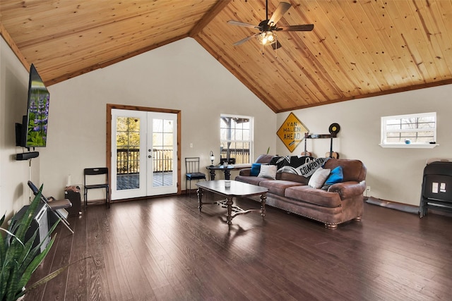 living area with wood ceiling, ceiling fan, hardwood / wood-style floors, french doors, and high vaulted ceiling