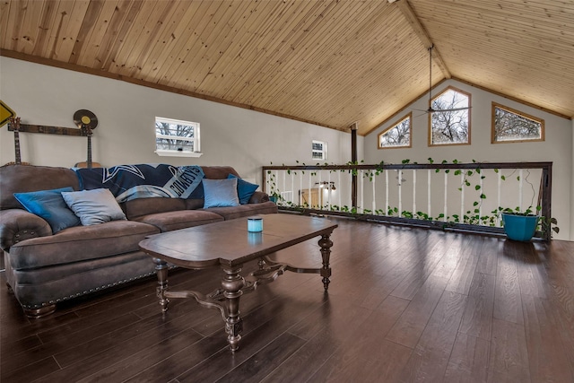 living room featuring lofted ceiling, wood-type flooring, and wood ceiling