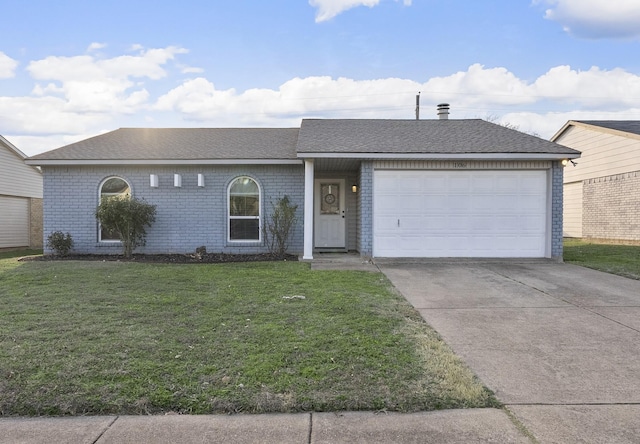 ranch-style home with an attached garage, brick siding, concrete driveway, roof with shingles, and a front lawn