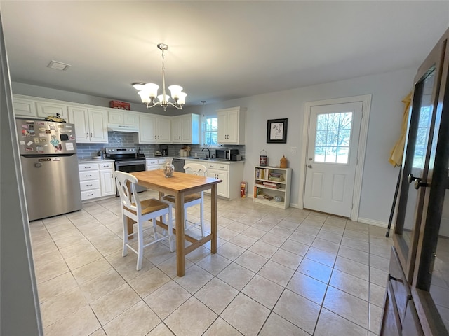 kitchen with stainless steel appliances, tasteful backsplash, a wealth of natural light, and under cabinet range hood