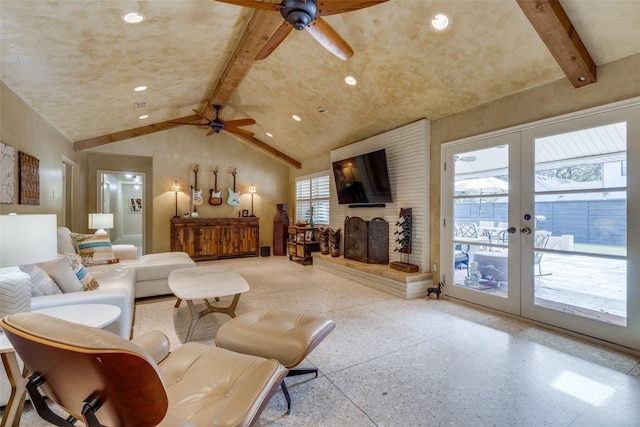 living area featuring french doors, recessed lighting, lofted ceiling with beams, a brick fireplace, and ceiling fan