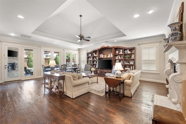 living area with a high end fireplace, a raised ceiling, and plenty of natural light