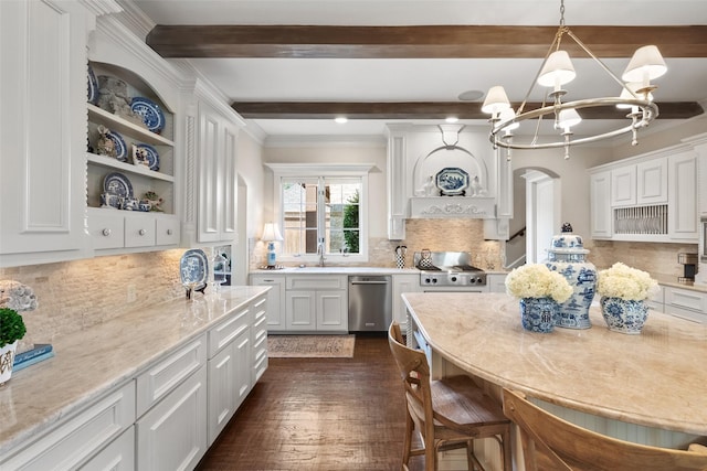 kitchen with dark wood-style flooring, white cabinets, stainless steel dishwasher, beamed ceiling, and decorative light fixtures