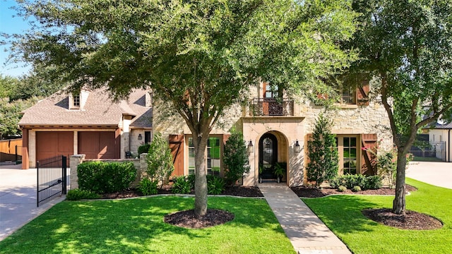 view of front facade with a front yard, a gate, fence, a balcony, and stone siding