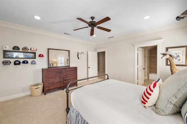 bedroom with ornamental molding, carpet, visible vents, and baseboards