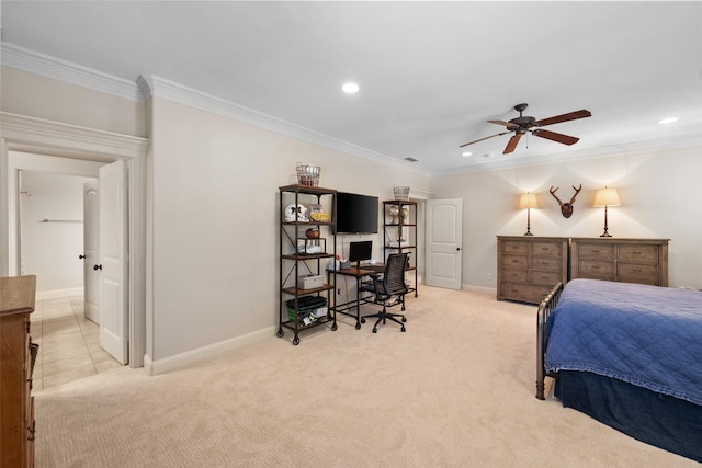 bedroom with baseboards, ornamental molding, recessed lighting, and light colored carpet