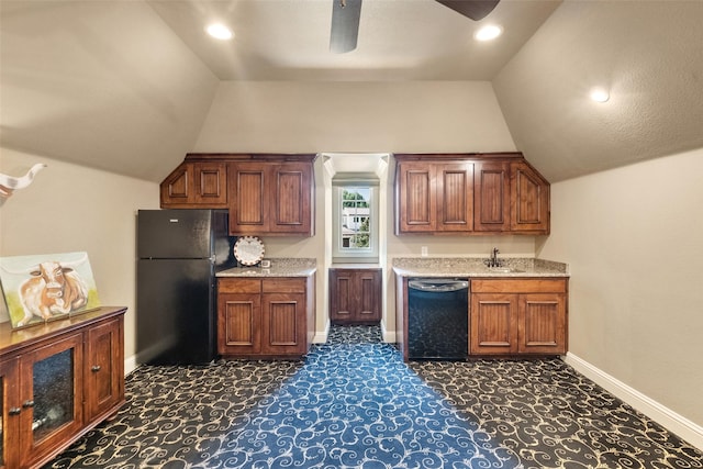 kitchen with lofted ceiling, baseboards, ceiling fan, and black appliances