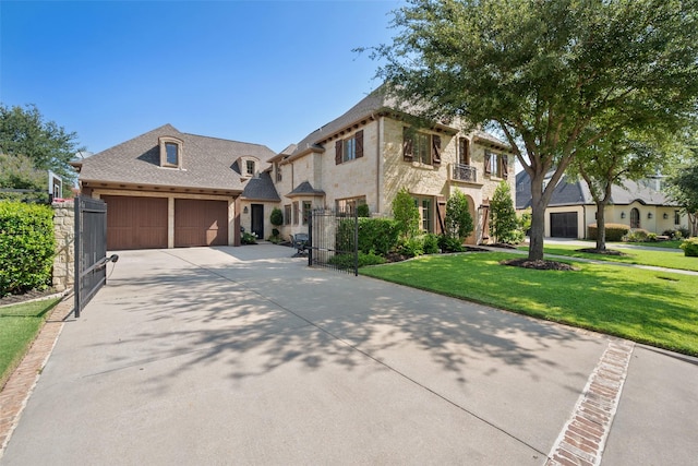 view of front facade with concrete driveway, fence, a garage, stone siding, and a front lawn