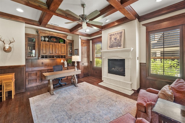 home office with wainscoting, beamed ceiling, coffered ceiling, and visible vents