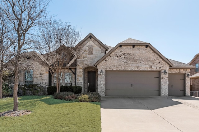 french country inspired facade with an attached garage, brick siding, concrete driveway, stone siding, and a front yard