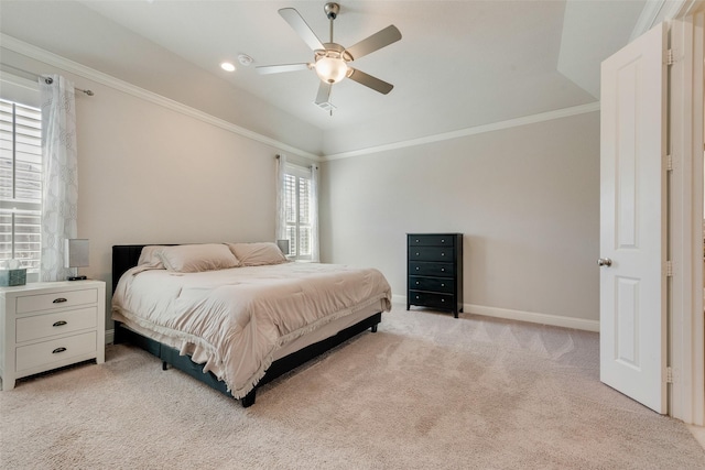 bedroom featuring light carpet, ceiling fan, ornamental molding, and baseboards