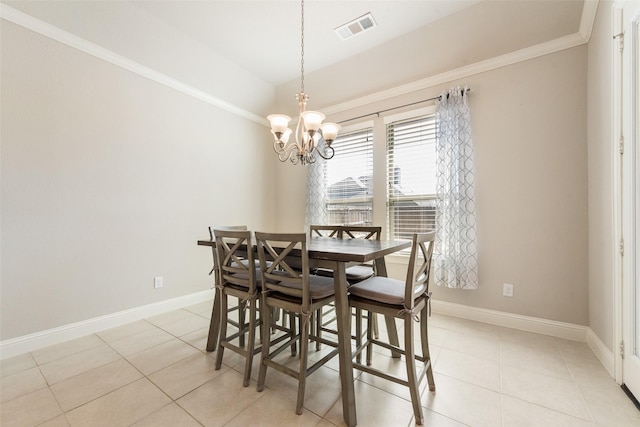 dining space featuring light tile patterned floors, baseboards, visible vents, and a chandelier