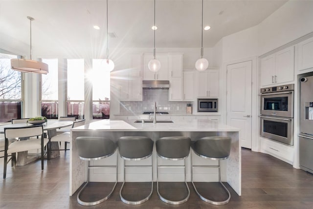 kitchen featuring under cabinet range hood, white cabinets, appliances with stainless steel finishes, backsplash, and dark wood-style floors