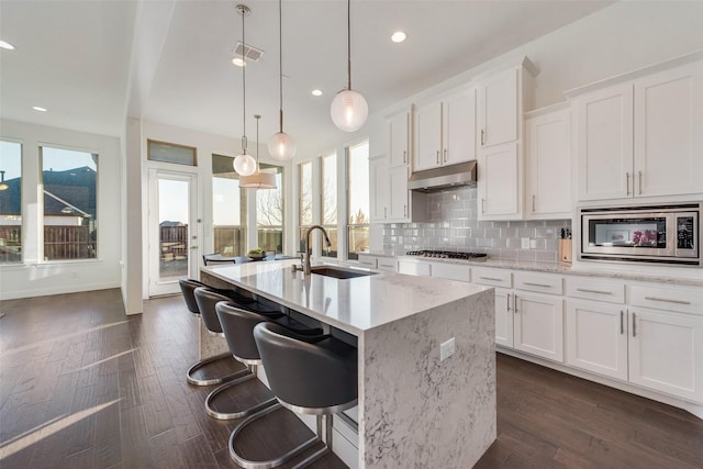 kitchen featuring under cabinet range hood, stainless steel appliances, a sink, visible vents, and tasteful backsplash