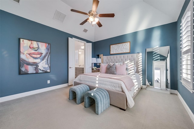 bedroom featuring high vaulted ceiling, carpet flooring, visible vents, and baseboards